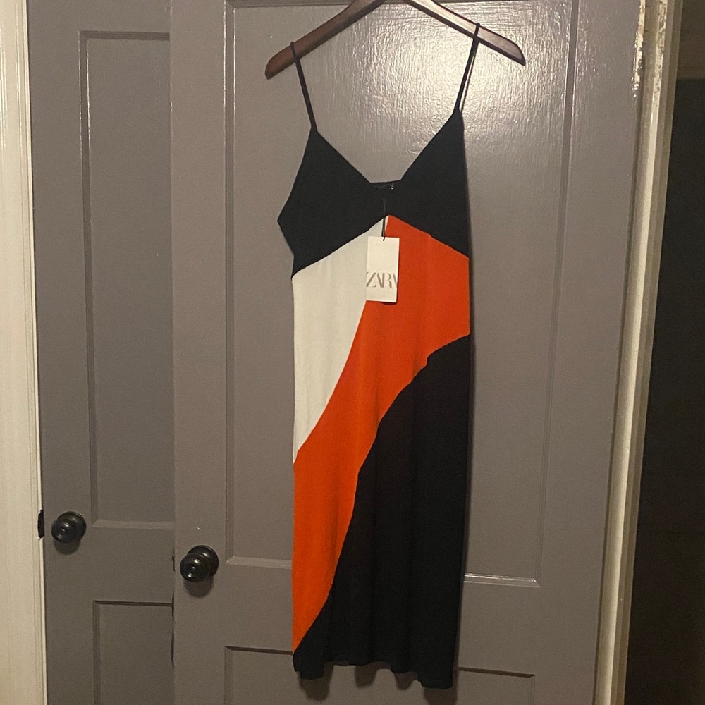 Zara Tri-Tone Midi Dress - Black, Orange, White